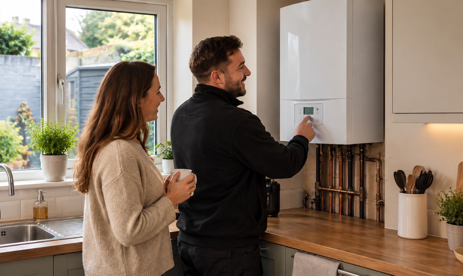 Corr Heating engineer showing a customer how to use their new gas boiler